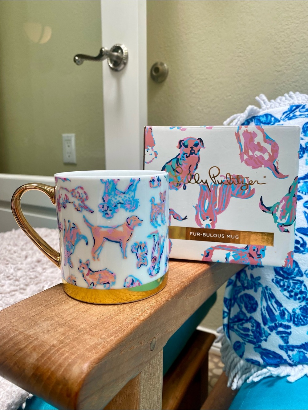 Lilly Pulitzer “Fur-Bulous” Dog Mugs with Gold Handle & Trim (Four Available)